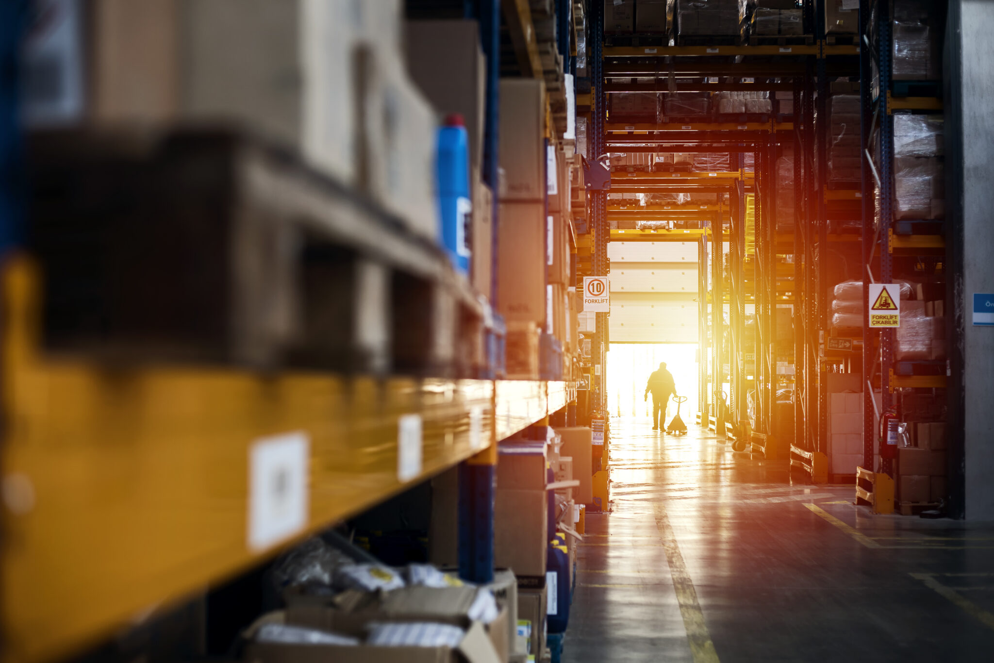 warehouse interior at sunset