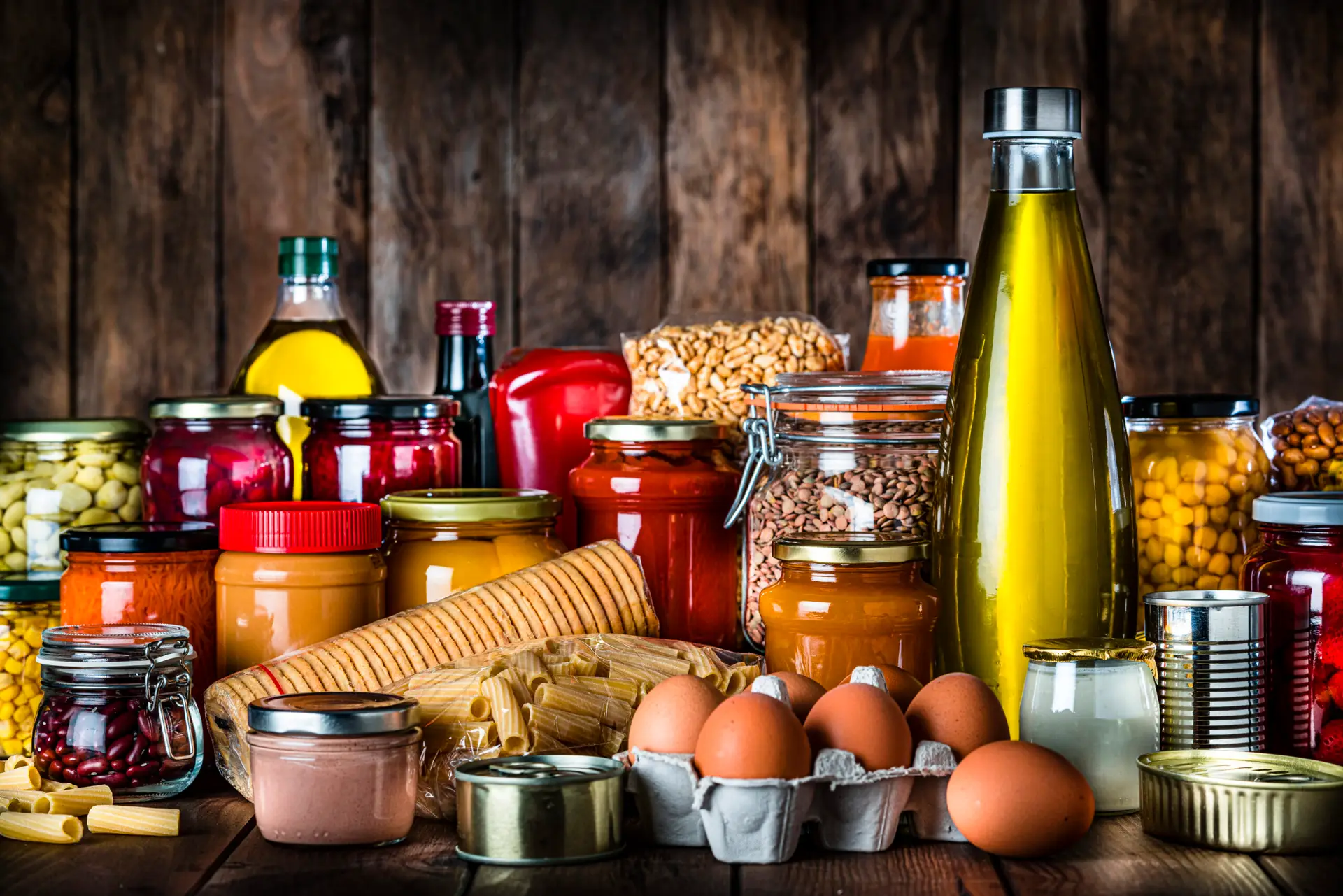 non perishable food on rustic wooden table. copy space
