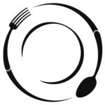 abstract symbol of a cafe or restaurant. a spoon and fork on a plate. a simple outline.